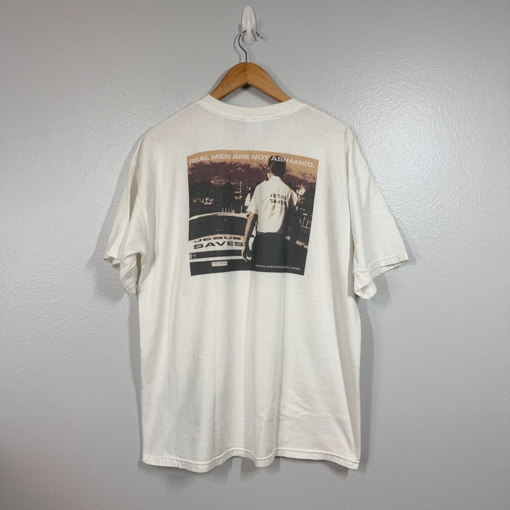 Gildan T-Shirt Men XL White Motor Gospel Jesus Saves Graphic Tee Short Sleeve